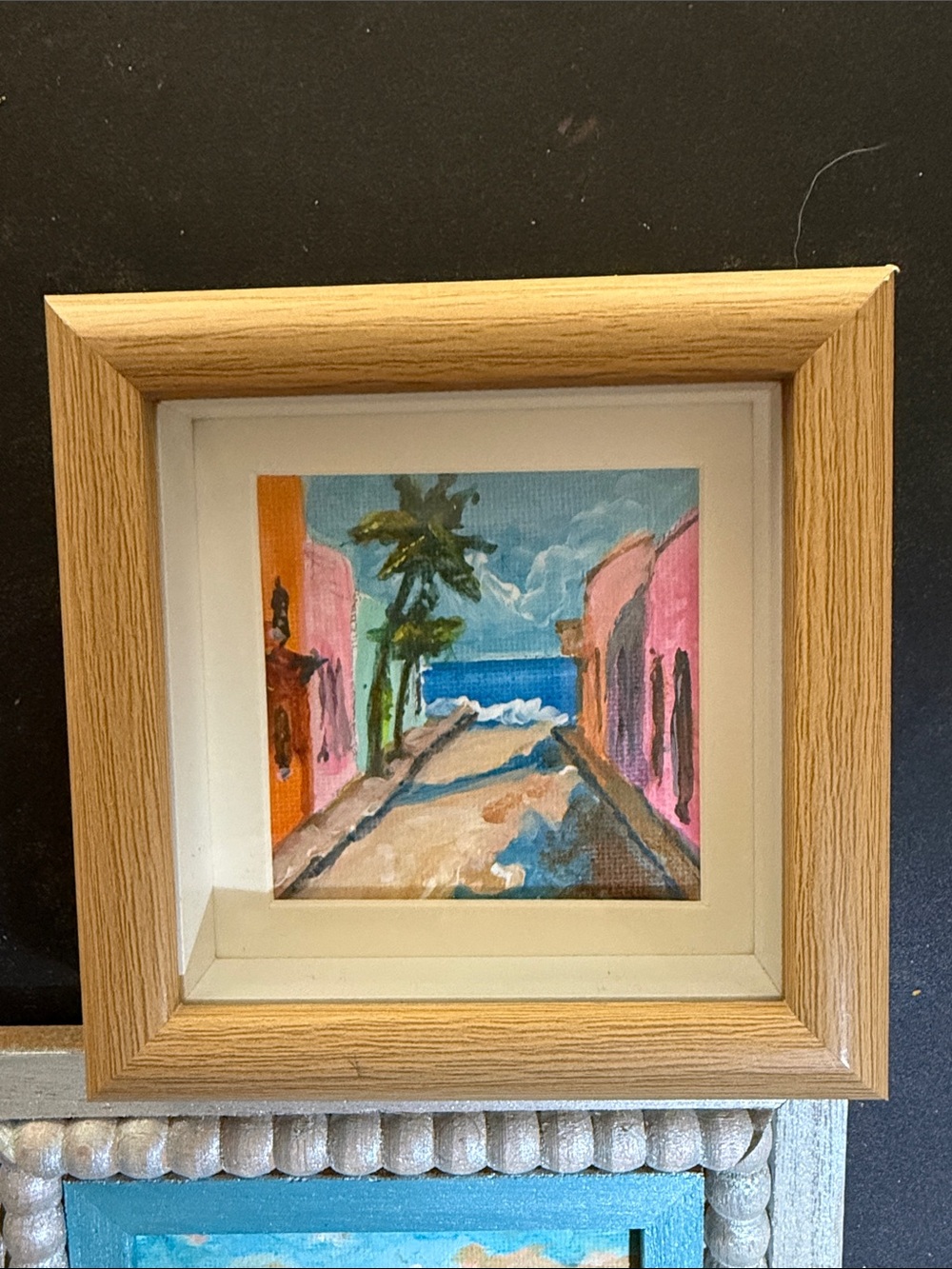 Framed Coastal Alleyway Art Print - Pink and Blue